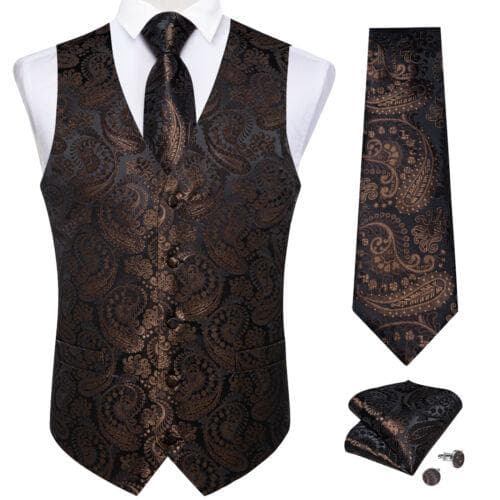 Dibangu Mens Yellow Paisley Vest Suit Waistcoat Hanky Cufflinks Tie Set Wedding S