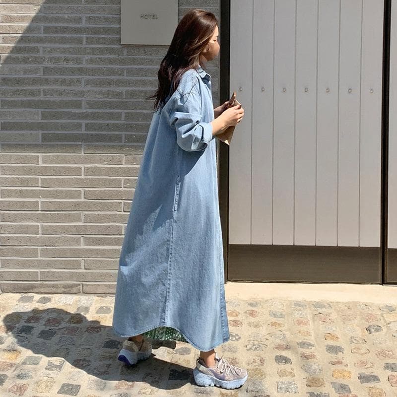 Spring and Autumn Long Over-Knee Denim Jacket Long Sleeve Shirt XL