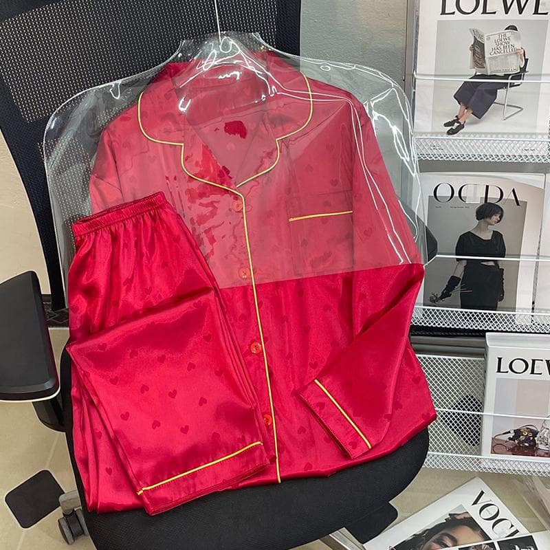 Autumn and Winter New Pajamas for Girls Lapel Cardigan Women Sets Two Pieces Fashion Red Pajamas for Women M red
