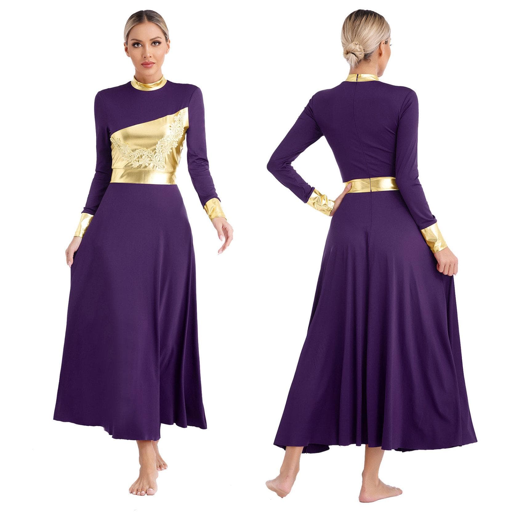 Womens Liturgical Worship Praise Lyrical Dance Dress Metallic Shiny Color Block Long Sleeve Applique Gown Church Choir Dancewear L dark purple