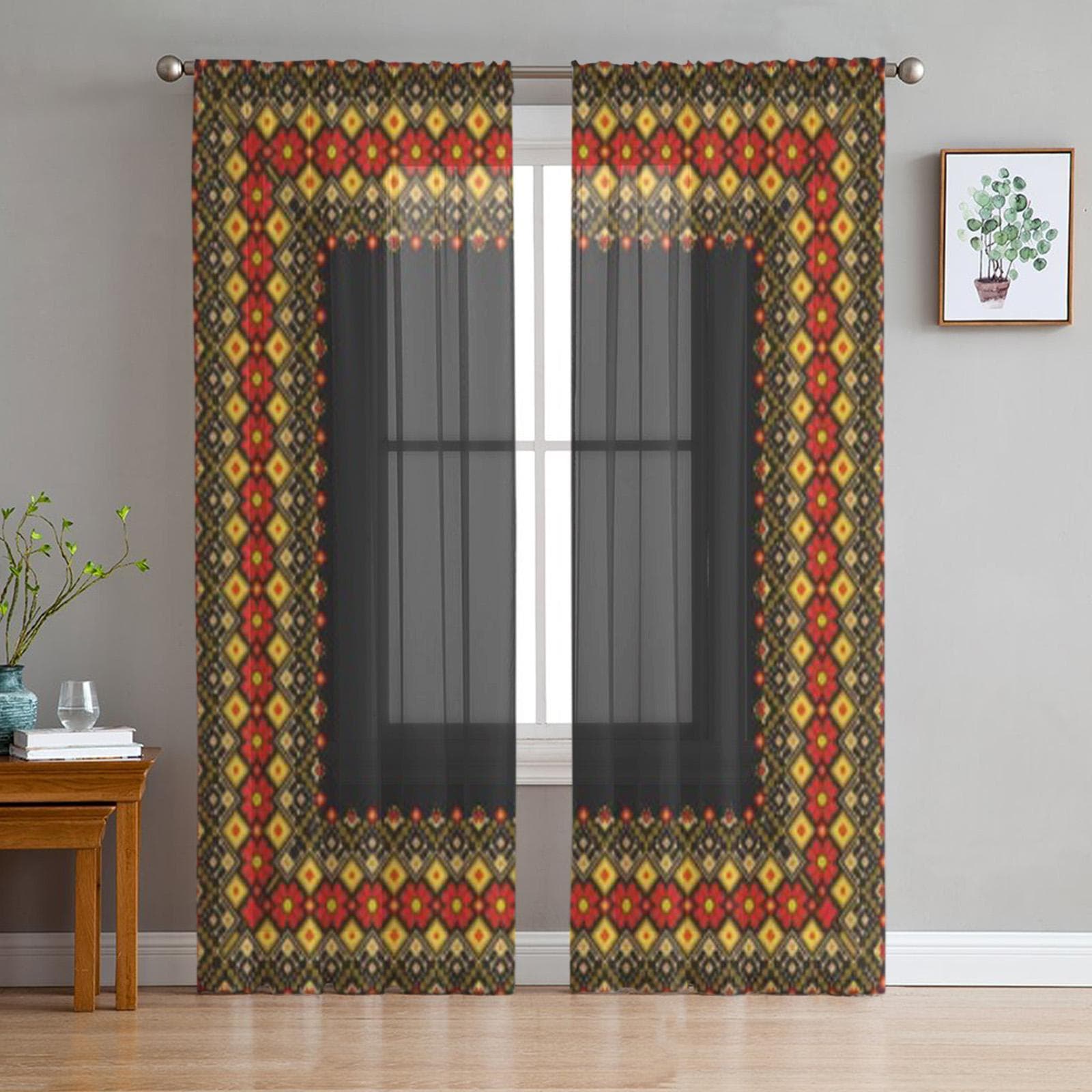 Ukrainian Folk Ethnic Ornament Sheer Curtains for Living Room Transparent Tulle Window Curtain Bedroom Kitchen Decor Veil Drapes 135W x 114H(cm)