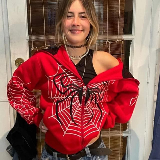 Y2k Emo Women Streetwear Hoodie Spider Web Red Zip Up Hoodies Grunge Oversized Sweatshirt Gothic Harajuku Alt Jackets Clothes M red