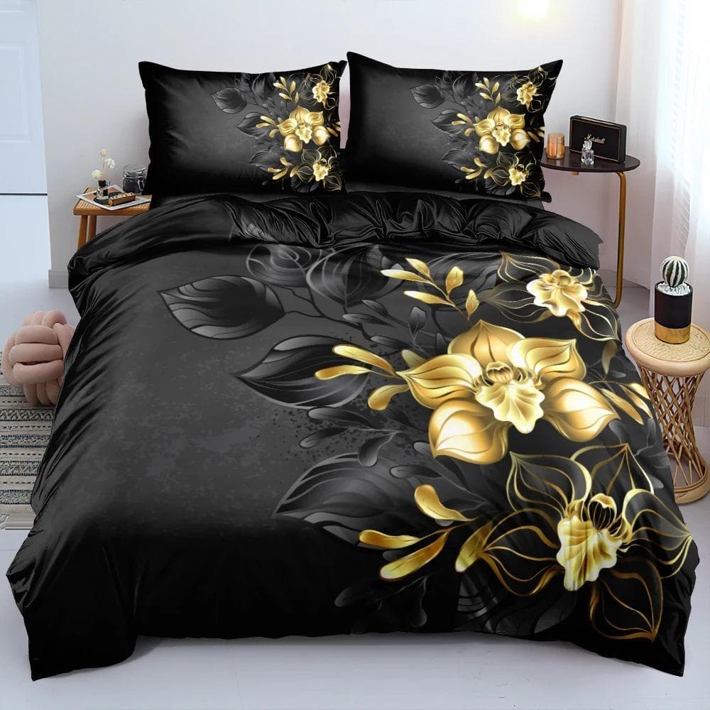 Gold Black Flowers Bedding Set Boys Girls Twin Queen Size Duvet Cover Pillowcase Bed Kids Adult Fashion Home Textileextile 70x133cm 2pcs