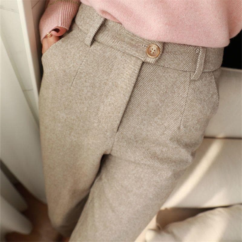 Women's Herringbone Wool Trousers: High-Waist, Slim-Fit, Casual and Stylish for Spring & Autumn 2XL (132-145 jin)