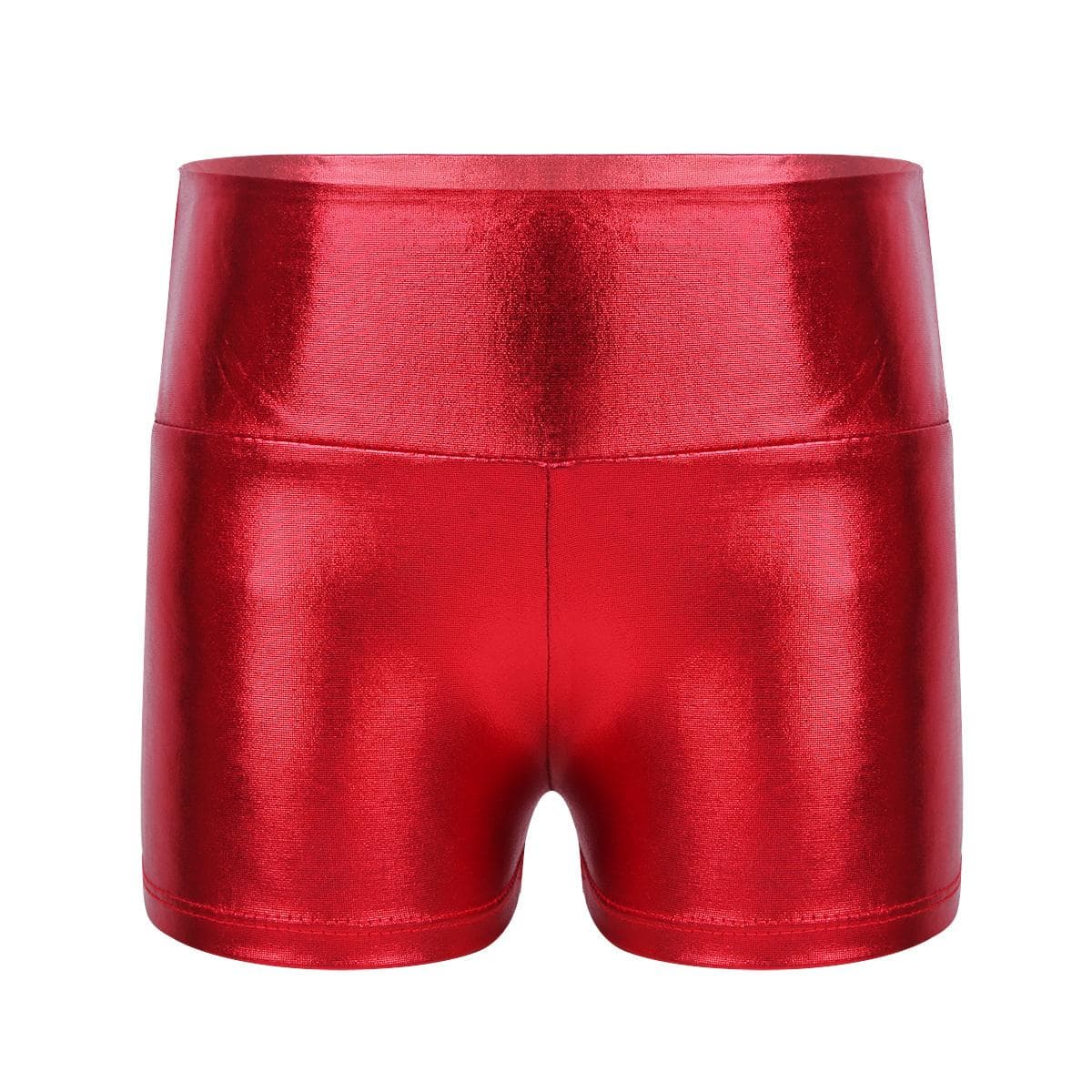 Kids Girls Metallic Shiny High Waist Dance Shorts Bottoms Activewear Sports Gymnastic Workout Pants 9-10 Years red