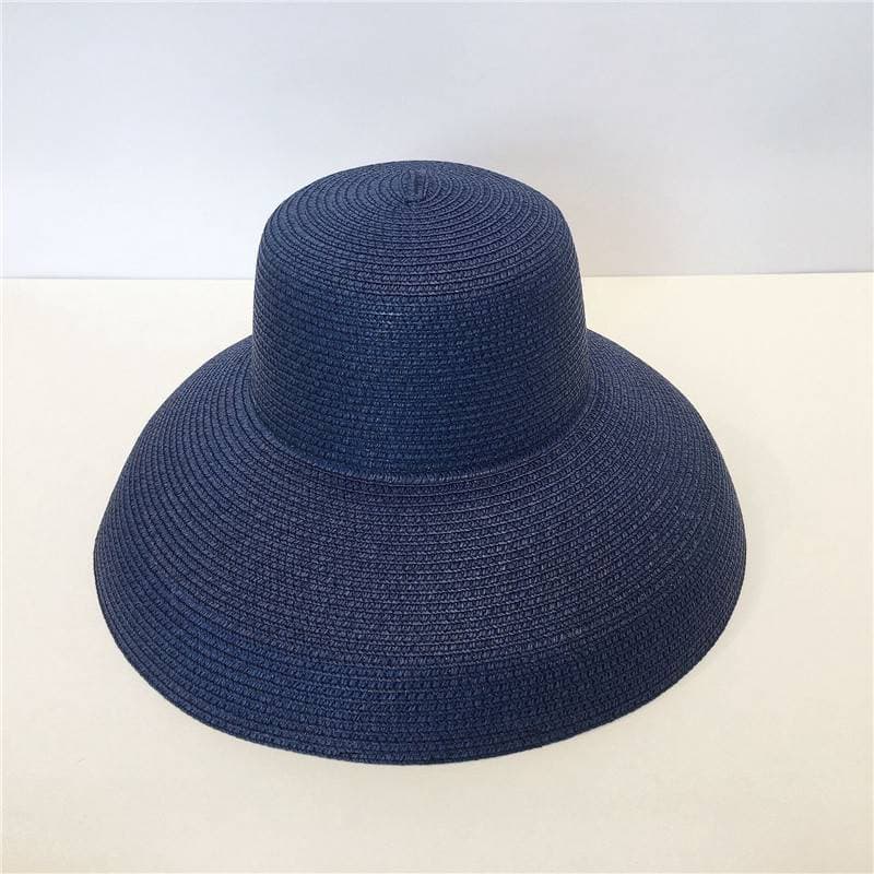 Classical Hepburn Style Handmade Women Summer Straw Hat Beach Sun Hats Wide Brim 54-60cm navy blue