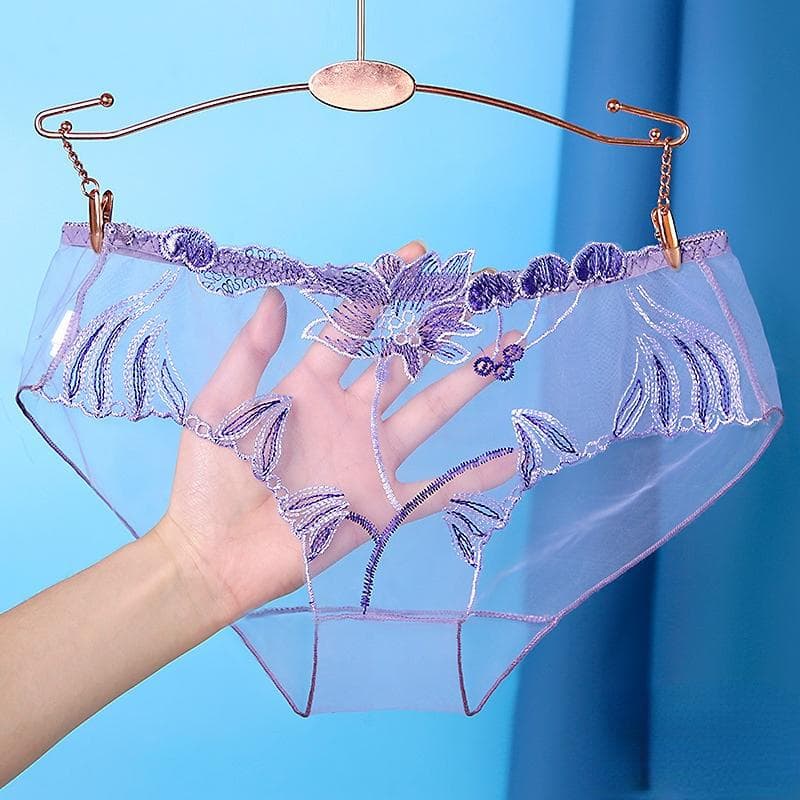 Transparent Sexy Women's Panties Lingerie Flowers Embroidery Female Underpants Underwear Briefs XL purple