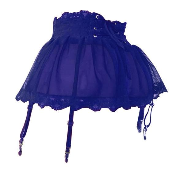 Adjustable Garter Belt Skirt Four breasted Bandage Perspective Lace Garter Skirt M blue