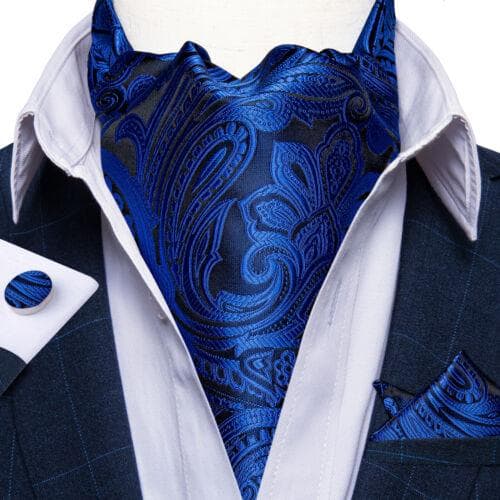 Mens Ascot Silk Cravat Blue Paisley Tie Handkerchief Cufflinks Set Formal Party LDAS2072