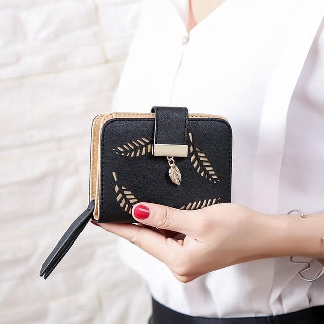 Women's Wallet Female Short Wallets Hollow Leave Pouch Handbag for Women Coin PU Leather Purses Card Holder black