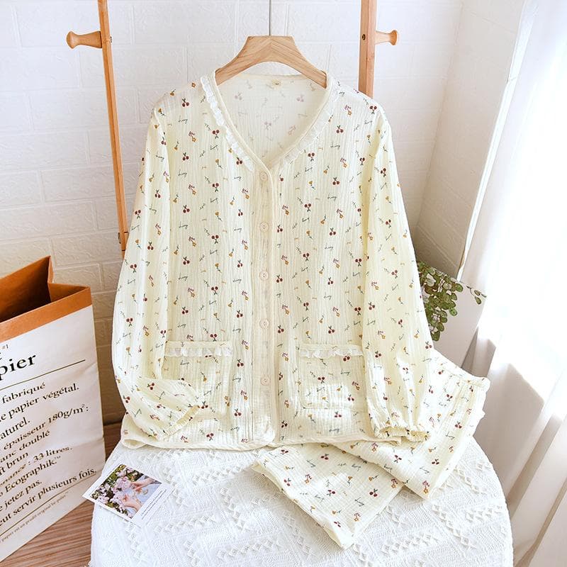 Spring and Autumn New Women's Long Sleeved Pants Pajama Set 100% Cotton Crepe Fragmented Flower Home Suit Two Piece Set XL