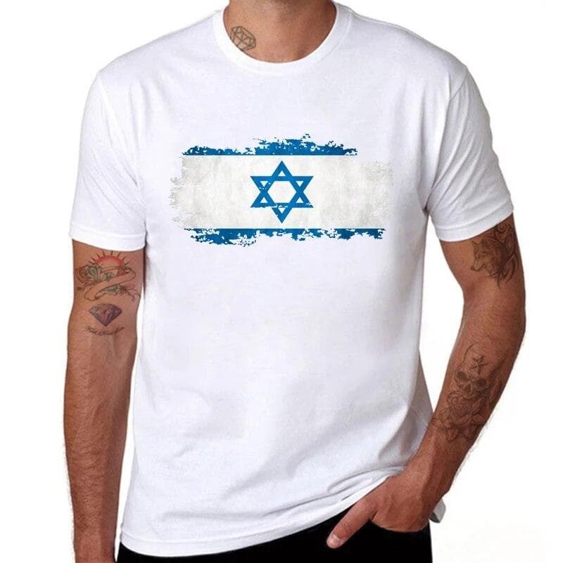 BLWHSA Israel Flag T-shirt Men Fashion Summer Short Sleeve Round Neck Design Funny T-shirts L white