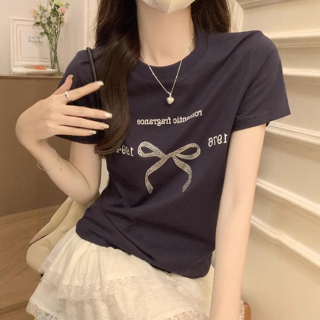 Niche Design Sense of Front Shoulder Pure Cotton Round Neck Short-sleeved T-shirt for Women's Top Base Shirt Summer L navy blue