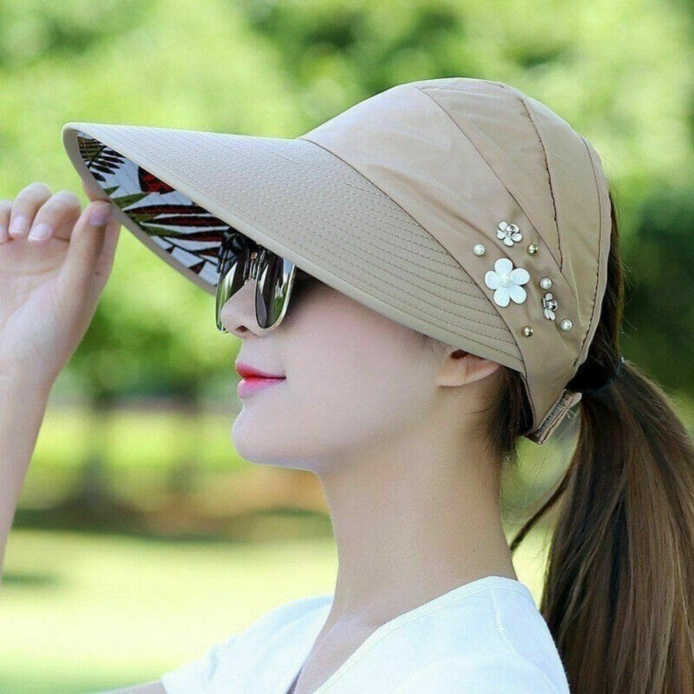Womens Ladies Summer Wide Brim Foldable Sun Hat Anti-UV Beach Visor Caps Hats khaki
