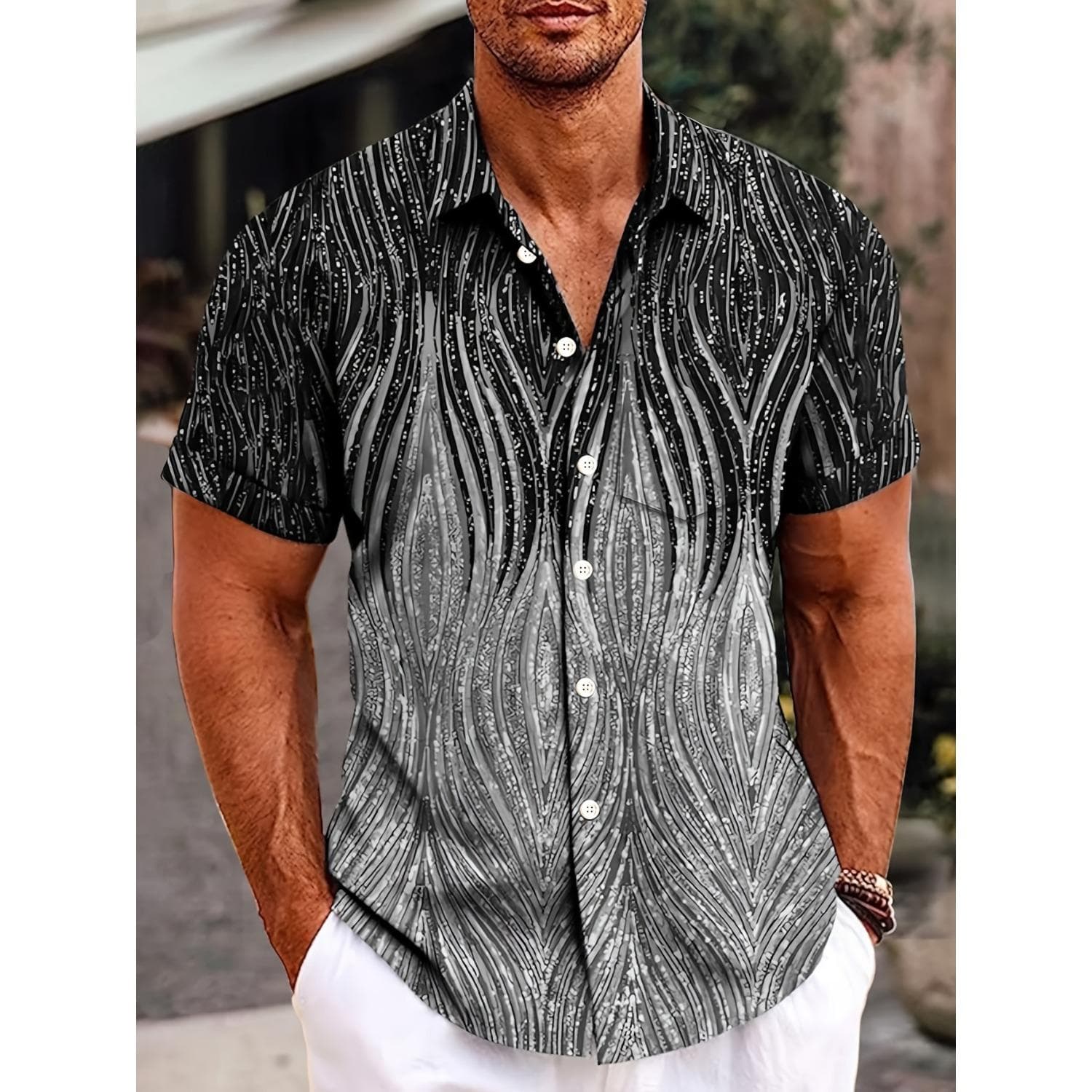 Fashionable retro texture gradient printed men's button pocket short sleeved shirt 3XL