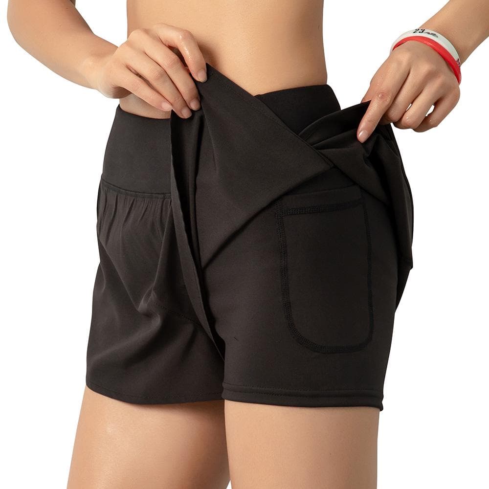 Women Running Shorts 2-in-1 with Pocket Wide Waistband Coverage Layer Compression Liner Lounging S black