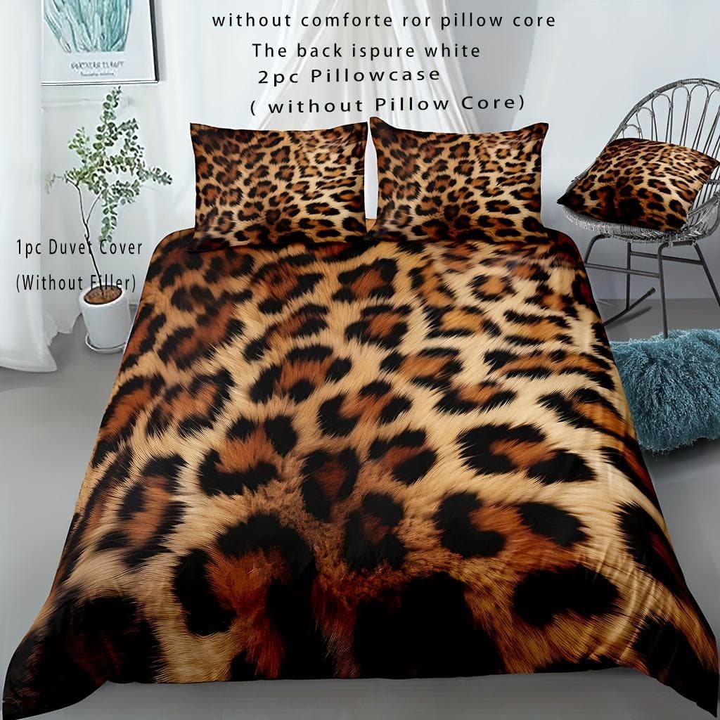 3pcs Animal Pattern Duvet Cover Set Wild Romantic Leopard Tiger Pattern Print Bedding Set, Soft Comfortable Duvet Cover Eu-Single135x200cm