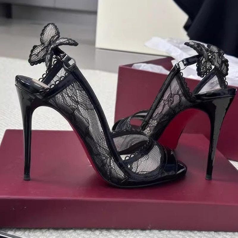 Fish Mouth Lace Red Soled High Heels For Women With Sexy Feminine Taste After Bow Line With Sandals Summer 38
