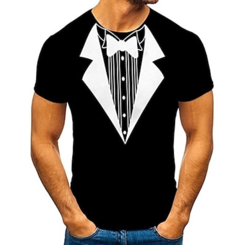 Men's Graphic Tee Tuxedo Shirts Short Sleeve T shirt 3D Print Round Neck Shirt Exaggerated Basic Daily Black White Yellow Clothing Apparel Normal L