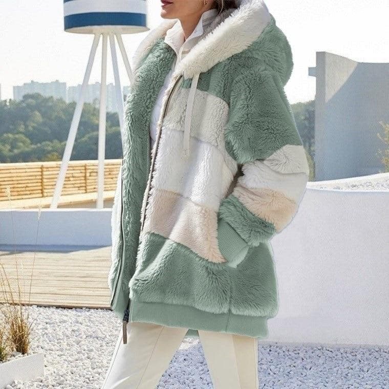 Winter Women's Fashion Hooded Warm Loose Jacket for Women Patchwork Outerwear Zipper Ladies Plus Size Sweaters XXXXXL green
