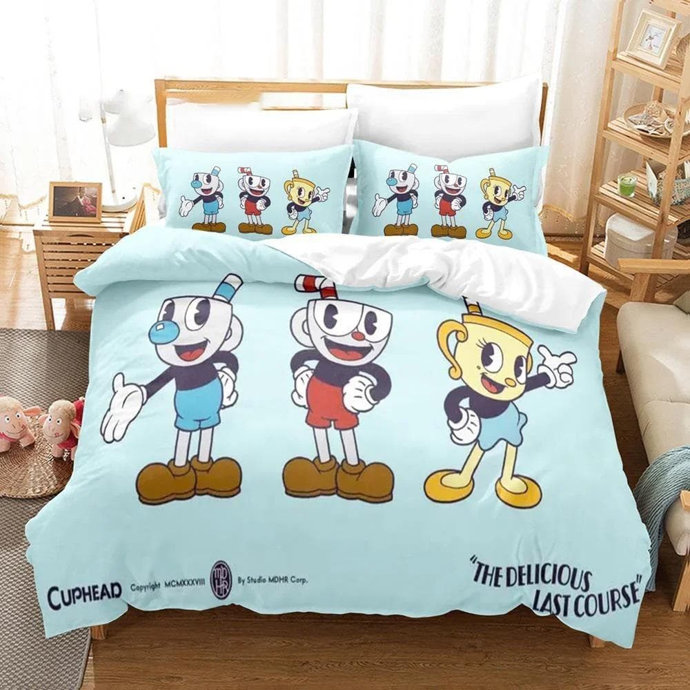 3D Printed Cuphead Show Bedding Set Pillowcase Cartoon Duvet Cover Double Twin Full Queen King Adult Kids Bedclothes Quilt Cover 70x133cm 2pcs