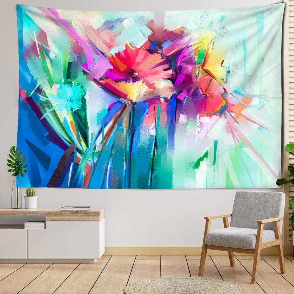 Blue Flower Oil Painting Tapestry Wall Hanging Hippie Tapez Simple Art Living Room Aesthetic Room Decor 95x70CM