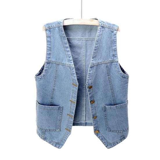 Plus Size Women Front Button Denim Waistcoat Vintage V Neck Sleeveless Denim Vest Female Autumn Outerwear Cardigan Tops XL light blue