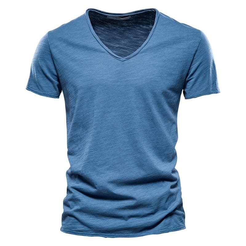 AIOPESON Summer 100% Cotton Elasticity T Shirt Men Casual Soft Fitness Shirt Men T Shirt Tops Tee Shirts V-Neck Short Sleeve Tshirt Men 2XL blue