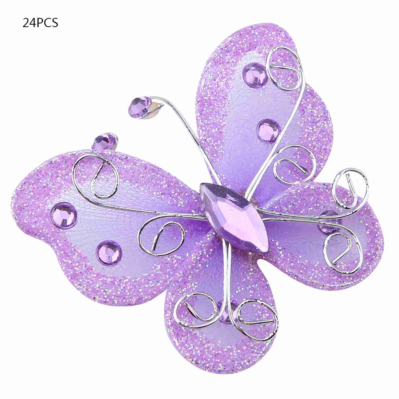 24pcs Sheer Mesh Wire Glitter Butterfly Wedding Party Clothing Decoration DIY Supplies Purple
