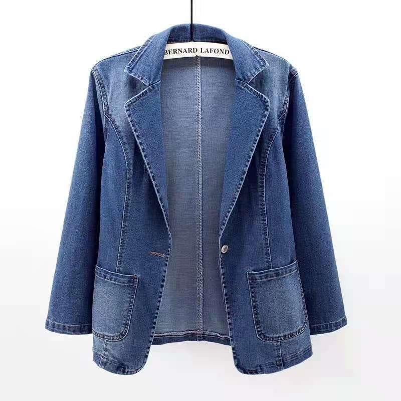 Denim Jacket Women Slim and Thin Suit Collar Solid Color Cardigan Wearing A Button 4XL