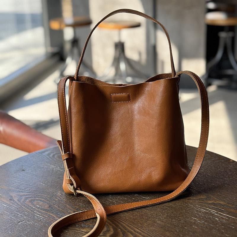 Johnature Genuine Leather Simple Bucket Shoulder Bags Vintage Large Capacity Cowhide Solid Color Women Handbag brown