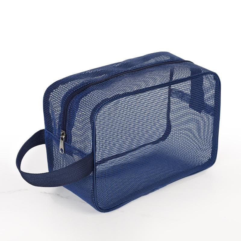 New Portable Bathing Bag Mesh Shower Toiletry Pouch Travel Makeup Storage Holder Big Pockets Bathroom Carry Tote blue