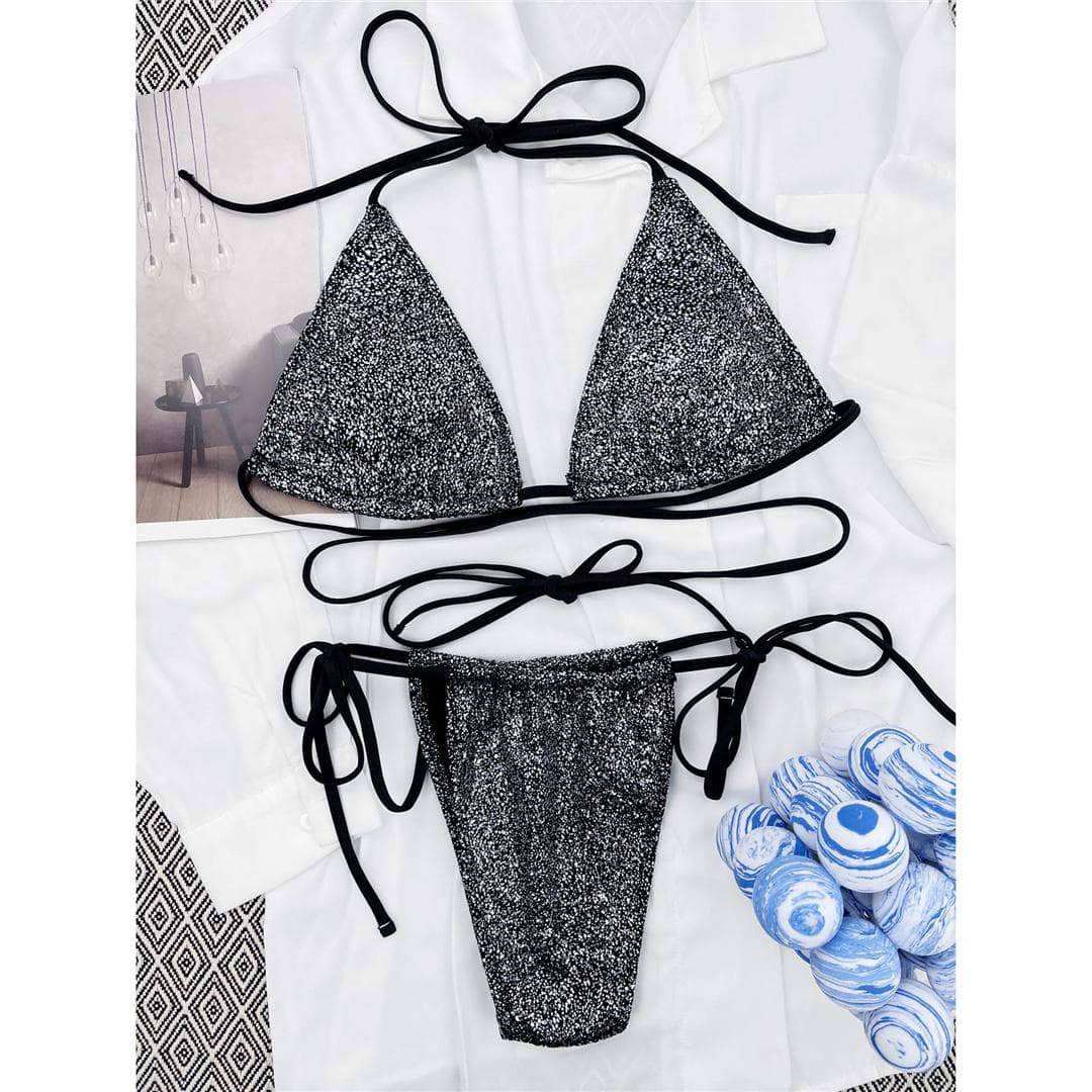 Glitter Sparkling Wrap Around Mini Bikini Women Swimwear Female Swimsuit Two-pieces Bikini set Bather Bathing Suit Swim M silver
