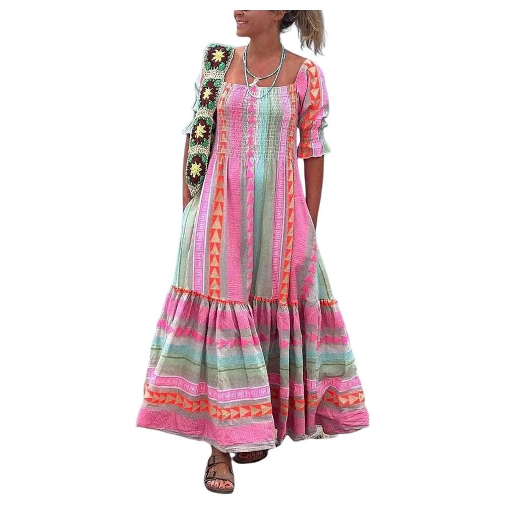 Spring Summer Women Dress Square Neck Geometric Print Bohemian Style Pleated Patchwork Half Sleeves Vacation Beach Maxi Dress S pink