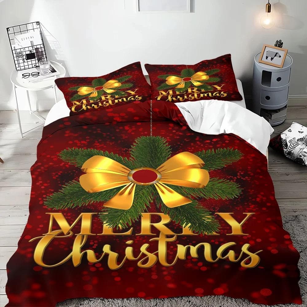 Merry Christmas Duvet Cover Gold Bell Bow Bedding Set for Boys Teens Holiday Gifts Bedroom Decoration Queen King Full Size EU single(135x200cm)