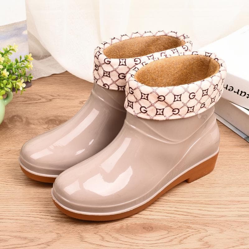 Women's Short Rain Boots with Cowhide Sole, Cotton Lined, Non-Slip, Warm and Protective. 37, with cotton cover khaki