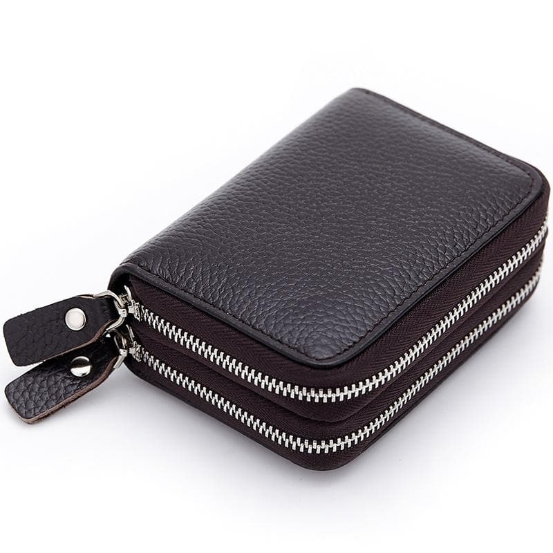 Genuine Leather Men Women Mini Short Wallet Cow Leather Coin Purse Solid Card Holder Accordion Card Slots Double Zipper Pocket coffee