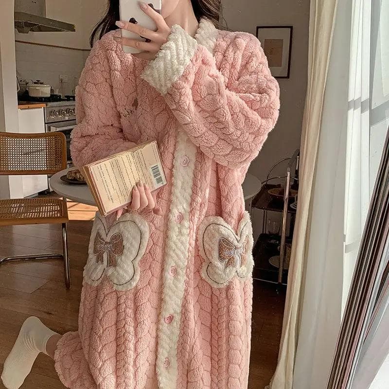 Nightgown Woman's New Fall/winter Coral Velvet and Velvet Thick Warm Bathrobe In The Long Sweet Nightgown Can Be Worn Outside 2XL