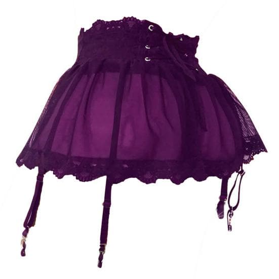 Adjustable Garter Belt Skirt Four breasted Bandage Perspective Lace Garter Skirt L purple
