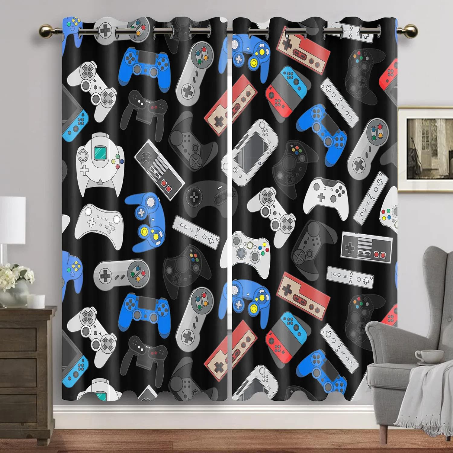 Cartoon Video Game Controller Playing Window Curtains for Bedroom Living Room Home Decor Luxury Valance Curtains for Kitchen 2x75W166H(CM)59x65in&Grommet Top