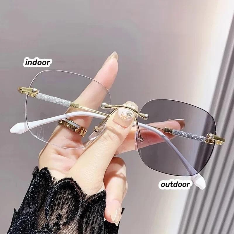 Female Rimless Photochromic Sunglasses Trendy Anti UV Color Changing Presbyopia Glasses for Men Women Luxury Reading Eyewear 4.0