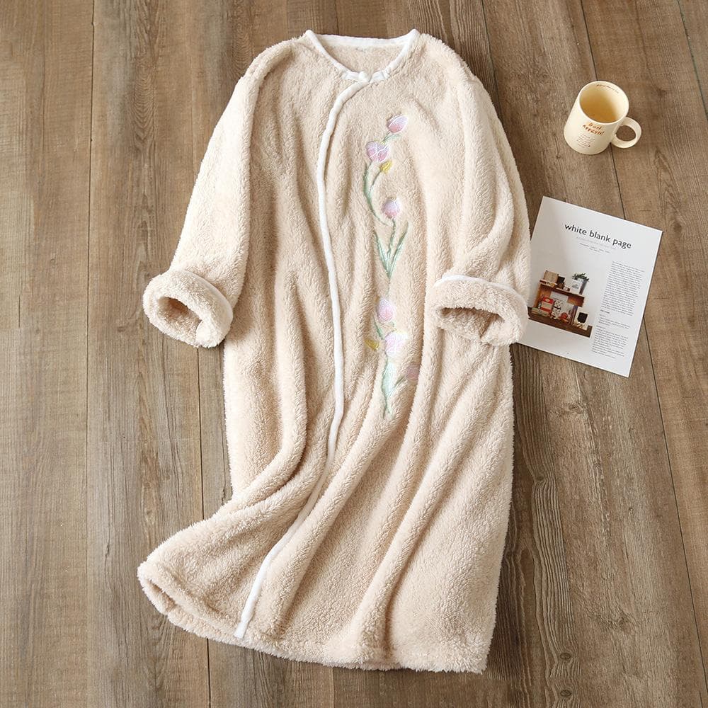 New Autumn and Winter Women's Plus Velvet Thickened Flannel Nightgown Coral Velvet Nightgown Bathrobe Long Bathrobe Nightgown M