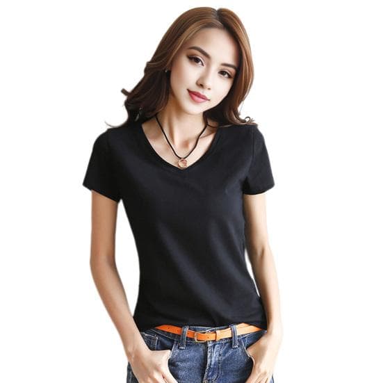 Women Summer T-shirt V-neck Short Sleeve Slim Fit T-shirt Solid Color Pullover Tops Stretchy L black
