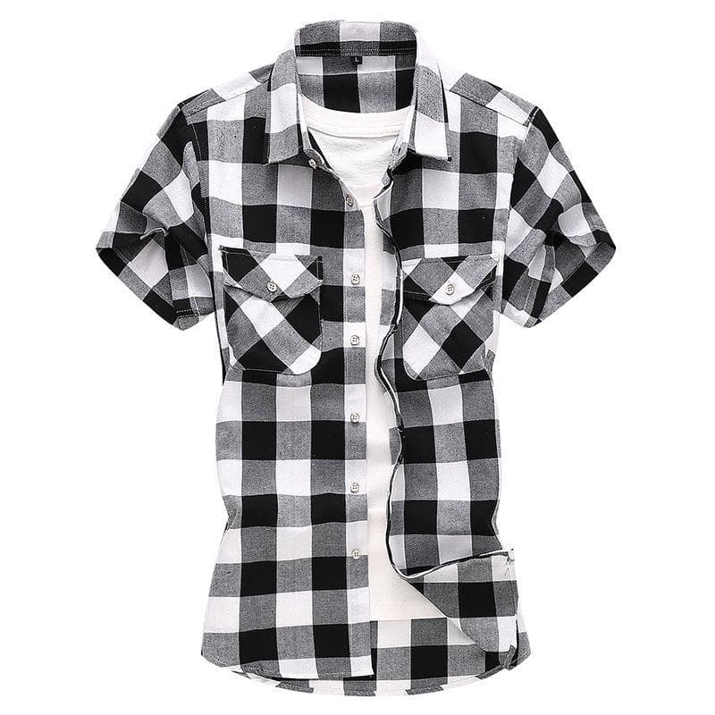 2023 Men's Plaid Casual Short Sleeve Shirt with Double Pockets - Summer Fashion, Large Size 6XL black/white
