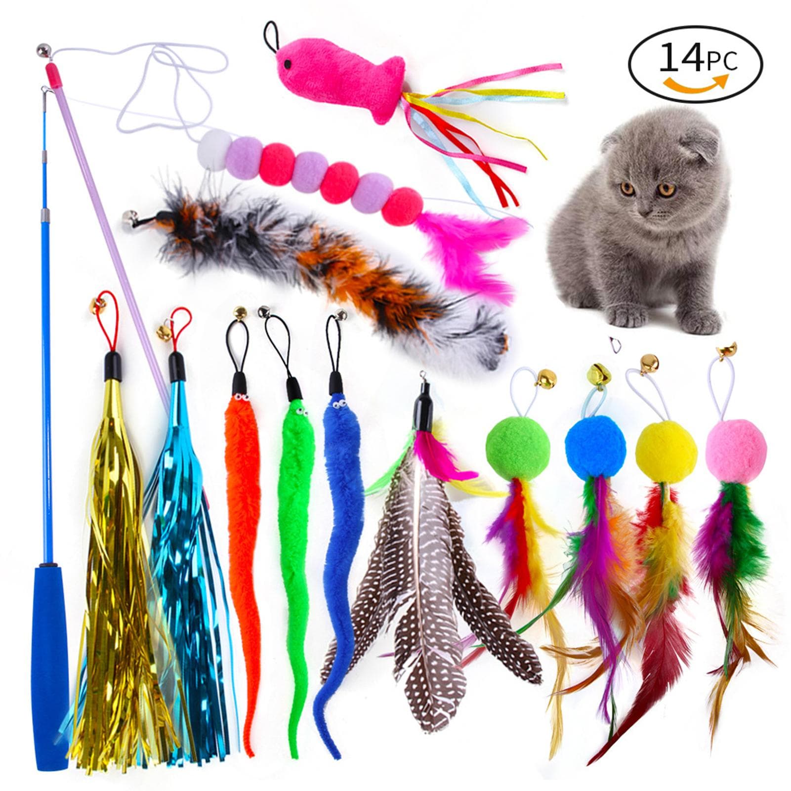 Cat Toy Set Caterpillar Feather Replacement Head Colorful Hair Ball Tassel Retractable Fishing Rod colourful