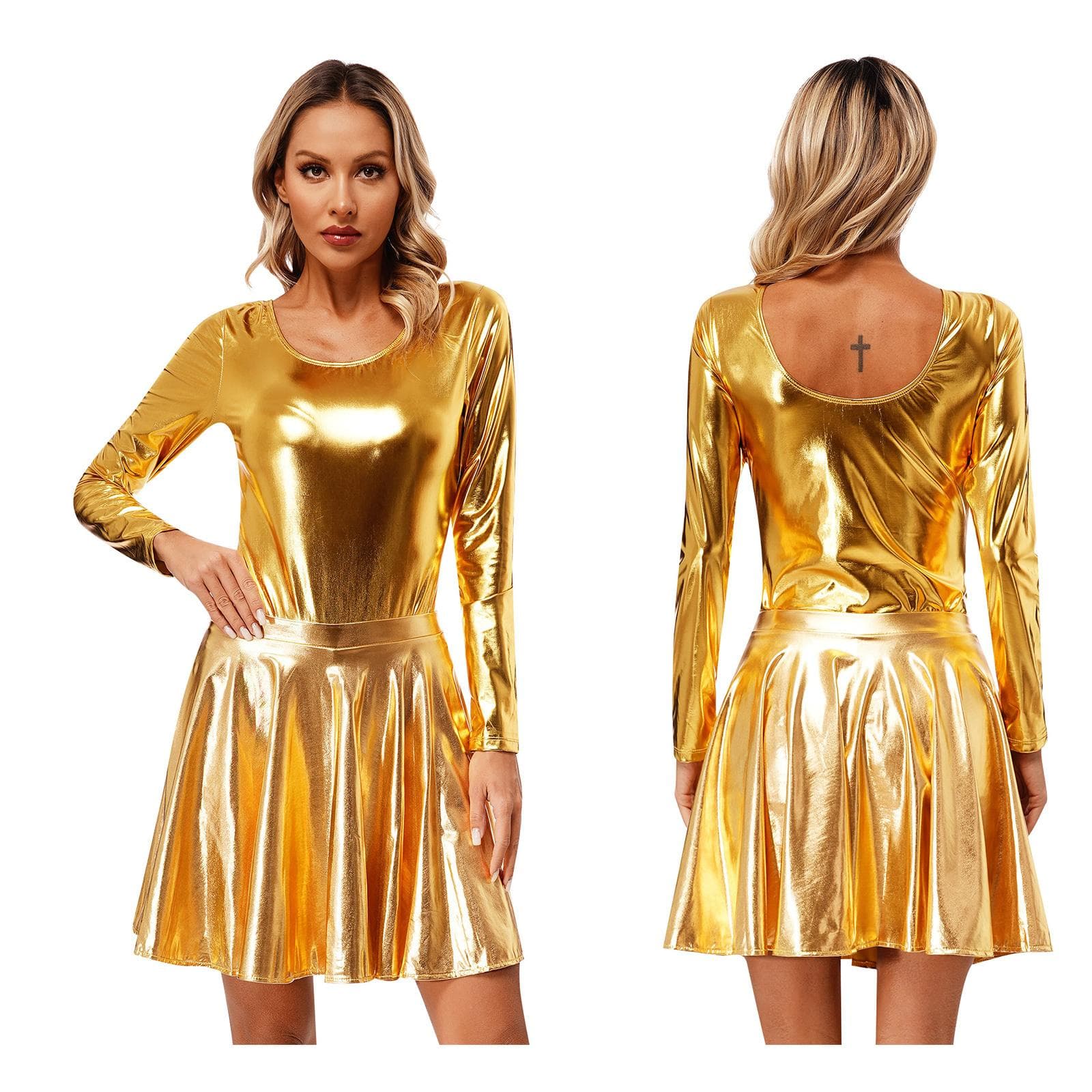 Women's Shiny Metallic Gymnastics Leotard and Pleated Skirts Athletic Dancewear L gold