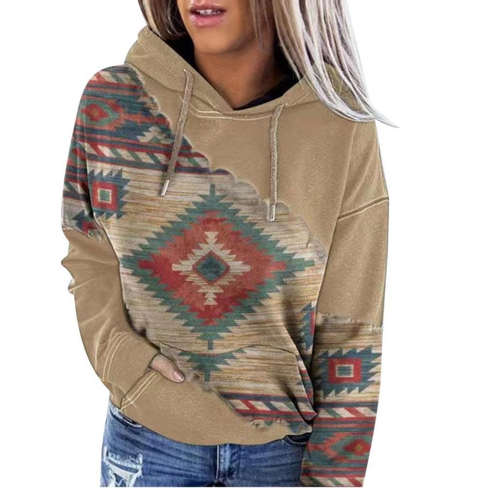 Women Fall Spring Hoodie Vintage Print Drawstring Loose Pullover Hooded Long Sleeve Soft Casual Pocket Colorfast Lady Top M khaki