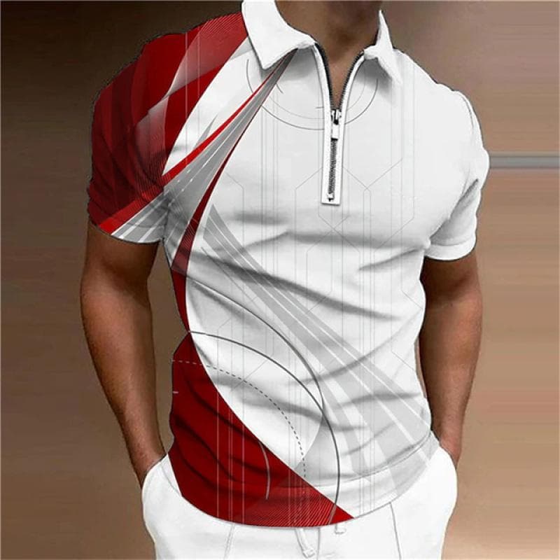 2023 Summer New Men's Polo Shirt with Polo Collar Zip,Casual Zipper Half Open Collar Men's Tops Polo Shirt. M white/red