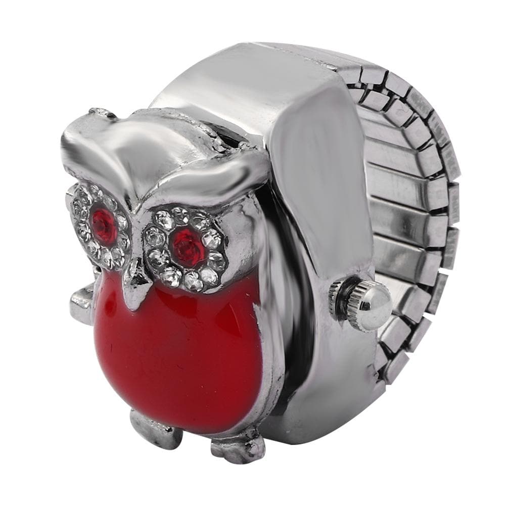 Finger Ring Watch Flip Up Cover Vintage Owl Pattern Unixes Finger Quartz Watch(Black ) red