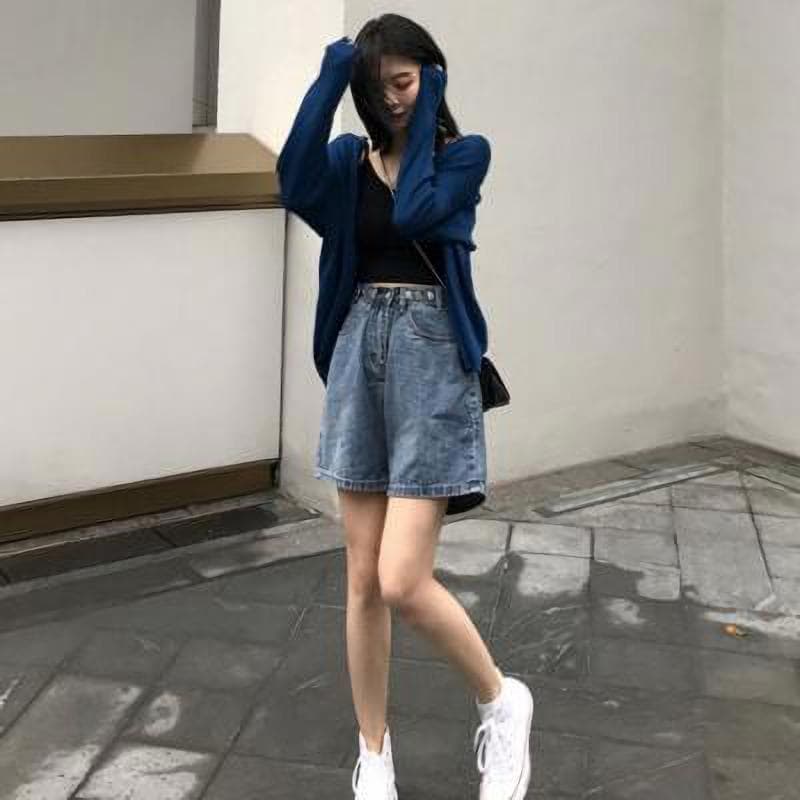 High-waisted Denim Shorts Women's Straight Five-point Pants Loose Wide Pants XL blue